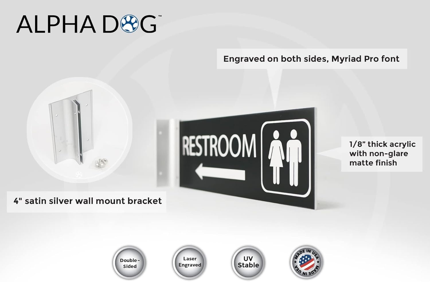 ALPHA DOG SIGNS Corridor Projecting Hallway Bathroom Sign, Left Arrow, 4"x12" Double Sided, Indoor/Outdoor, Easy Install, Durable Business Wayfinding Plaque, USA-Made (Black)