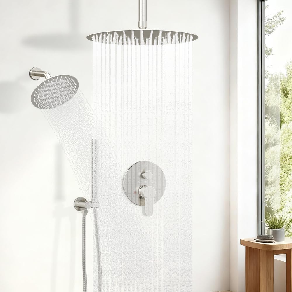Shower Systems Shower Faucet Sets STARBATH 3 Way 12+6" Round Dual Rainfall Shower Head with Handheld Spray, Ceiling Mounted Rain Shower Valve with 5 Diverter and Trim Kit Complete, Brushed Nickel