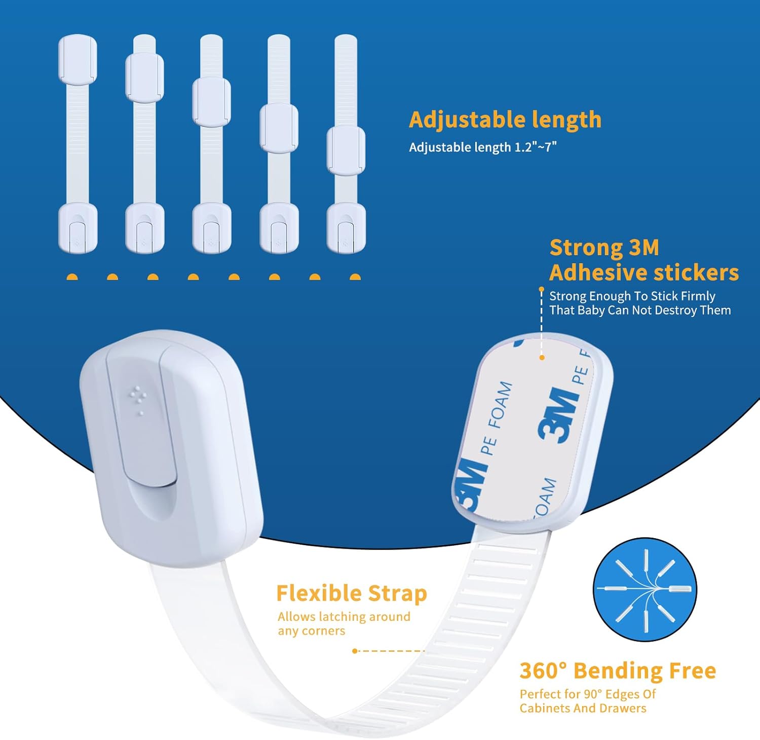 10-Pack Child Safety Cabinet Locks，Adjustable No Drilling Baby Proofing Strap Latches for Drawers,Cupboard,Cabinets,Fridge,Toilet Seat,Door,Closet–No Tool Easy 3M Adhesive Installation