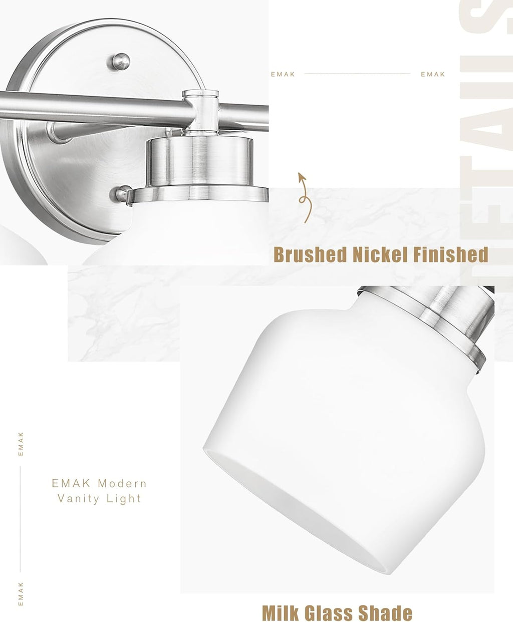 Emak Brushed Nickel Vanity Lights, Modern Milk Glass Bathroom Light Fixtures, 3-Light Bathroom Vanity Light Over Mirror, VL122-BN-ML-3