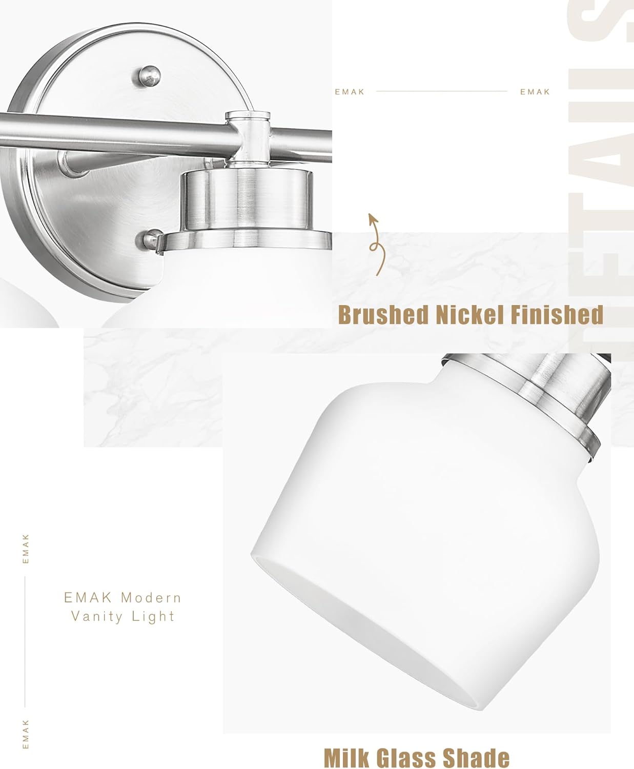 Emak Brushed Nickel Vanity Lights, Modern Milk Glass Bathroom Light Fixtures, 3-Light Bathroom Vanity Light Over Mirror, VL122-BN-ML-3