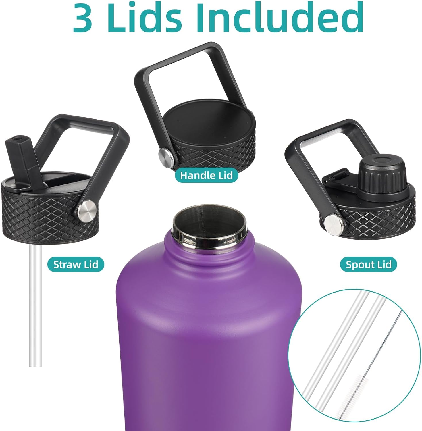 Gallon Insulated Water Bottle with Straw,128 oz 3 Lids Water Jug with Carrying Bag,Paracord Handle, Double Wall Vacuum Stainless Steel Metal Flask,Purple