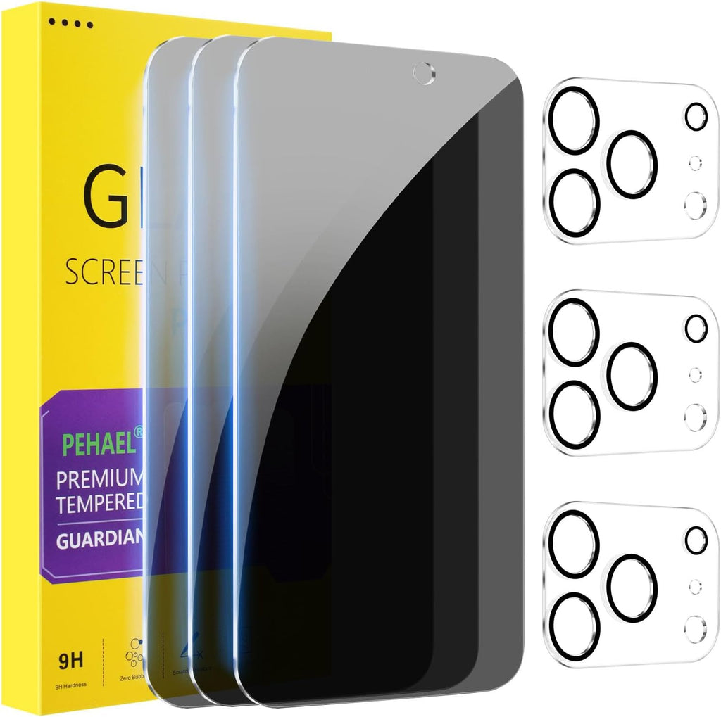 PEHAEL 3+3Pack for iPhone 17 Pro Privacy Screen Protector with Camera Lens Protector Full Coverage Anti-Spy Tempered Glass Film 9H Hardness Easy Installation Bubble Free [6.3 inch]