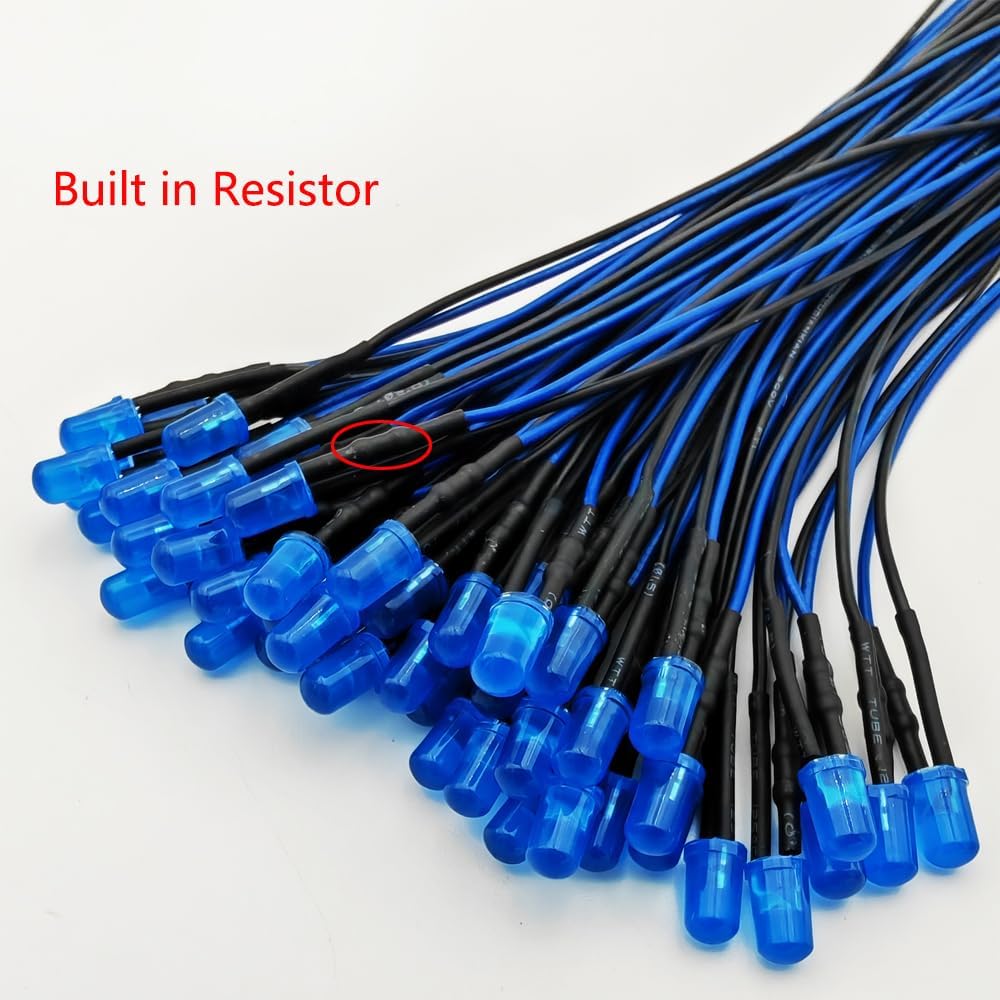50pcs 3V-4.5V-5V-6V-7.5V-9V-12VDC 5mm Blue LED Lights Emitting Diodes, 12VDC Prewired 7.9 Inch V LED Light Diffused Colored Lens Small LED