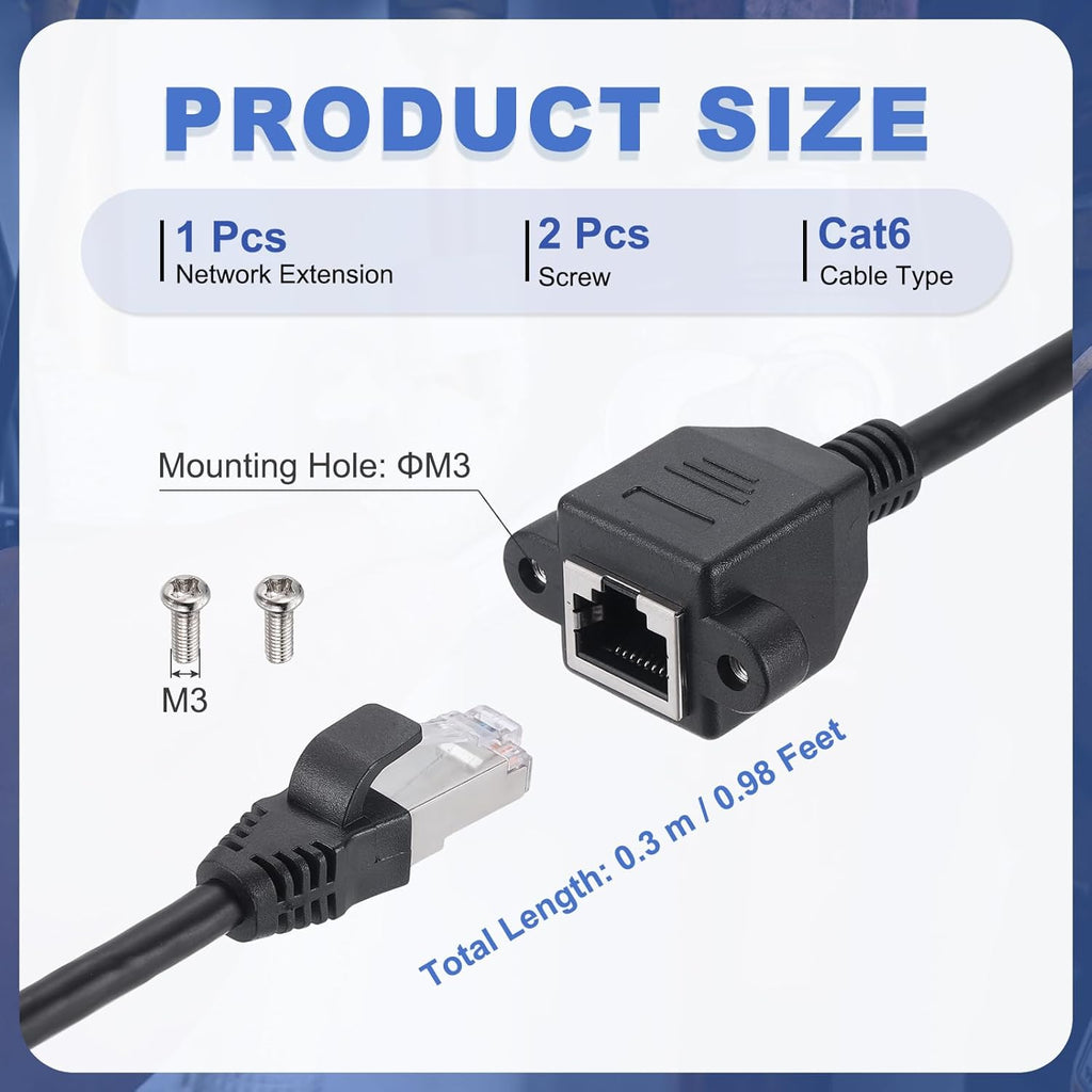 MECCANIXITY Cat6 Ethernet Extension Cable, 1Ft RJ45 Male to Female Screw Panel Mount Ethernet Cable Extender with 2pcs Screw for Router Modem PC Laptop Smart TV Printer