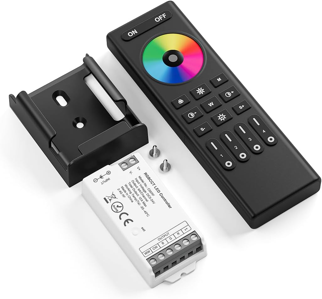 4-Zone RGBCCT RGBWW RF 2.4GHz Wireless Remote Controller Kit, PWM RGBCCT (+ R G B C W) 6pin LED Strip DC5V DC12V DC24V Max 12A Indoor String Light