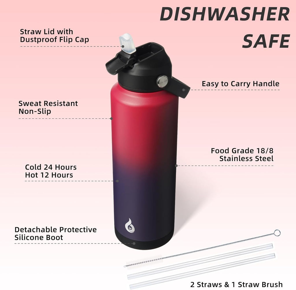 BJPKPK Insulated Water Bottle with Straw Lid, 40oz Large Thermo, BPA Free Leak Proof Stainless Steel Metal Water Bottles, Tumblers, Cups, Flasks for Travel, Sports,Charming Red