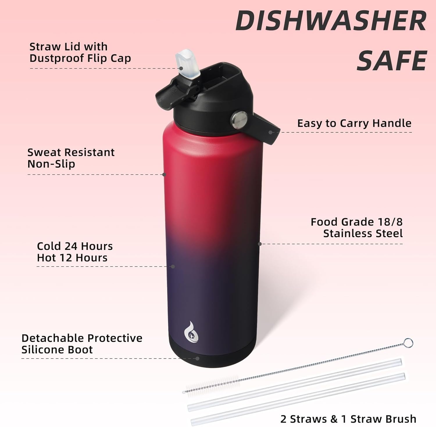 BJPKPK Insulated Water Bottle with Straw Lid, 40oz Large Thermo, BPA Free Leak Proof Stainless Steel Metal Water Bottles, Tumblers, Cups, Flasks for Travel, Sports,Charming Red