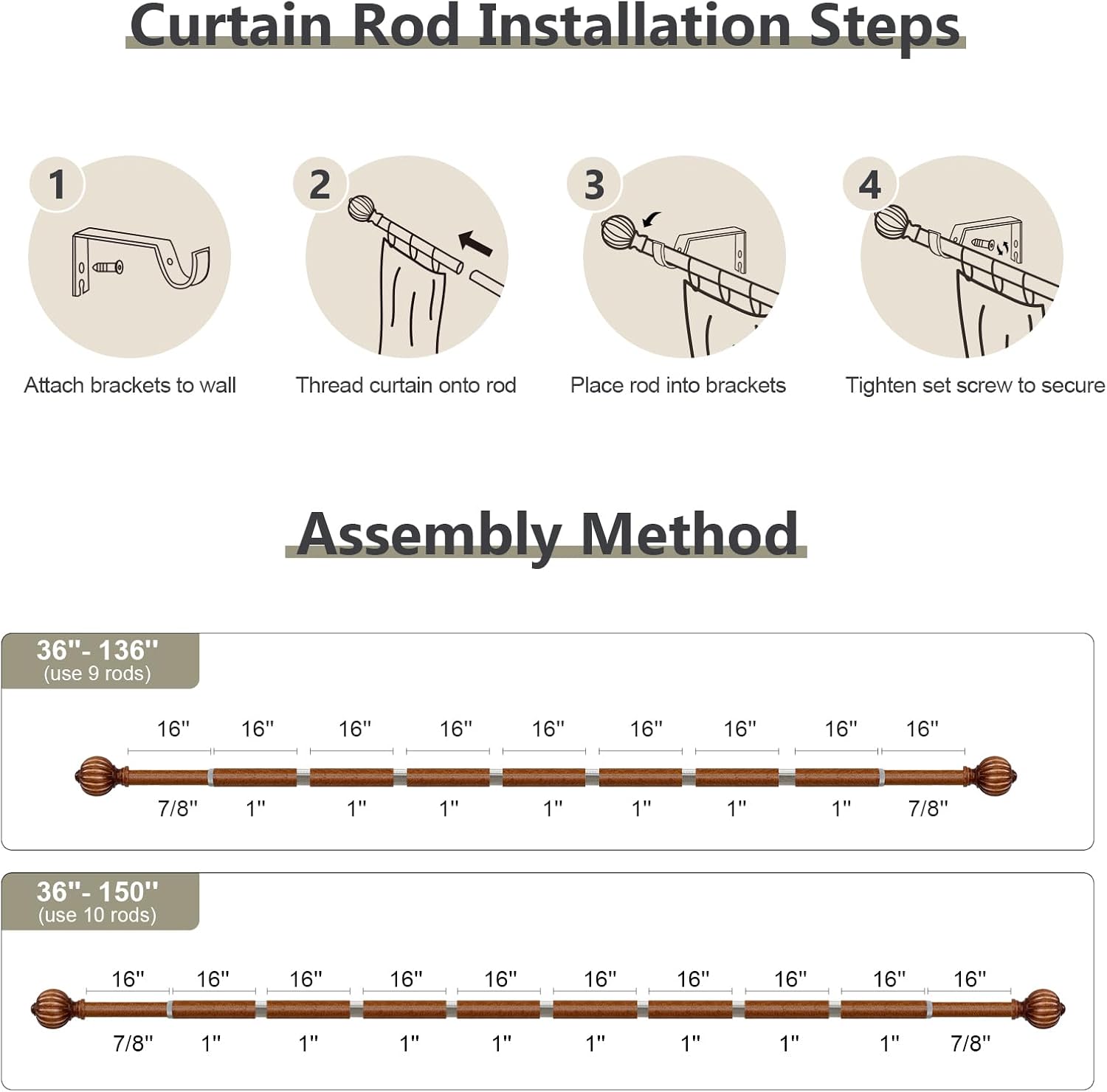 Imitation Wood Curtain Rods for Windows 72 to 144 Inch, 1 Inch Adjustable Heavy Duty Decorative Drapery Rods with Classic Finials, Red Imitation Wood Window Curtain Pole, Size 36-150''