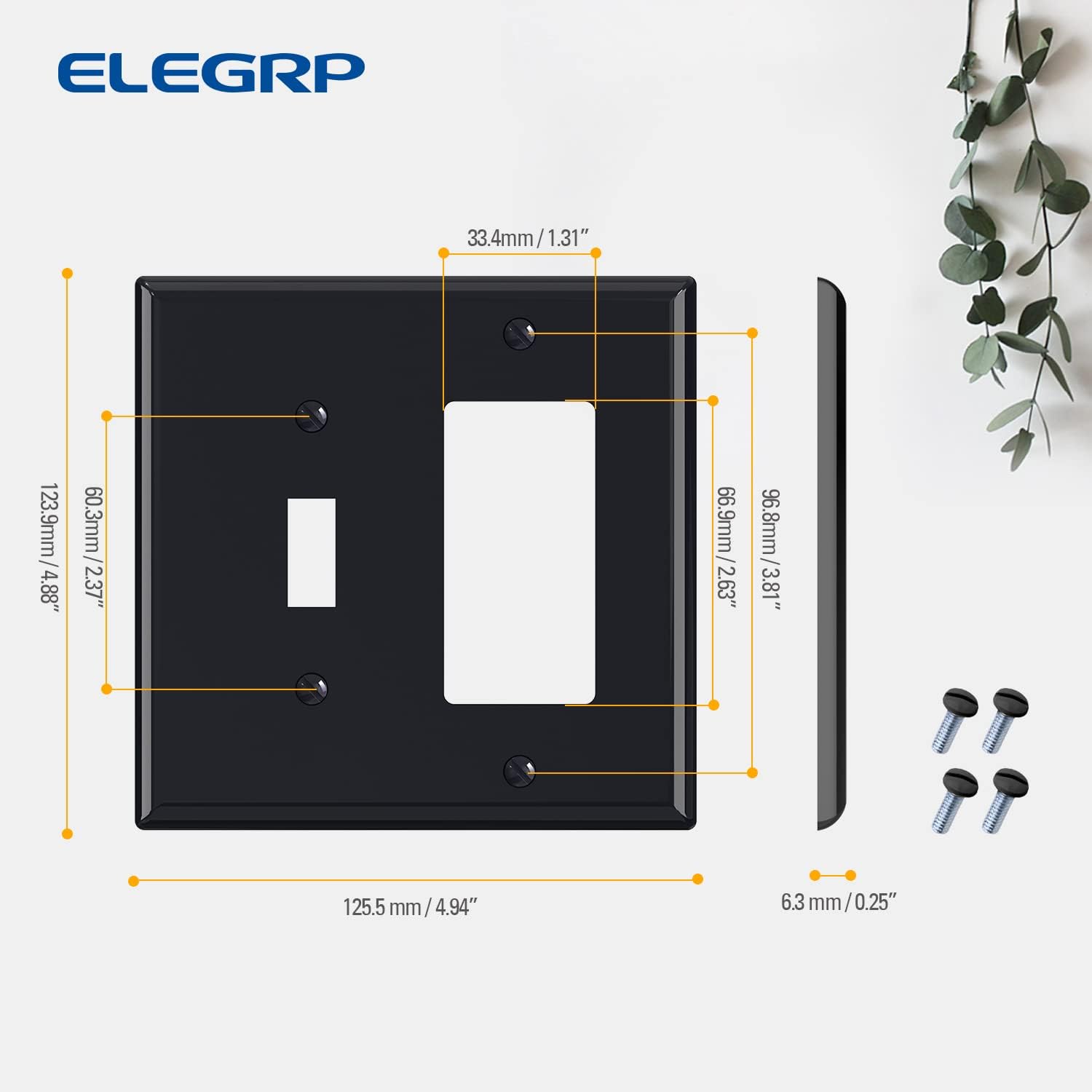 Combination Wall Plate ELEGRP 2-Gang 1-Toggle Light Switch 1-Decorator/GFCI Device Combination Wall Plates, Mid-Size 4.88" x 4.94" Unbreakable Thermoplastic Faceplate Cover, UL (1 Pack, Glossy Black)