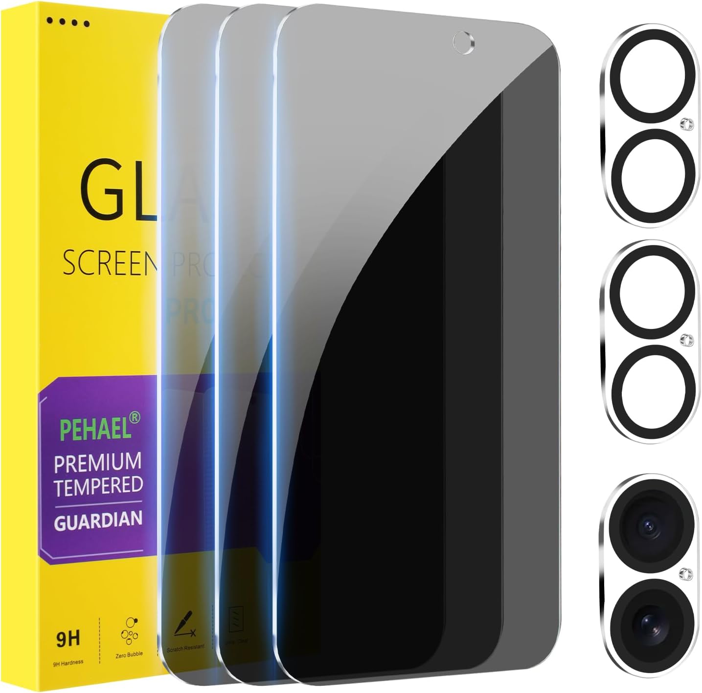 PEHAEL 3+3Pack for iPhone 16 Plus Privacy Screen Protector with Camera Lens Protector Full Coverage Anti-Spy Tempered Glass Film 9H Hardness Easy Installation Bubble Free [6.7 inch]
