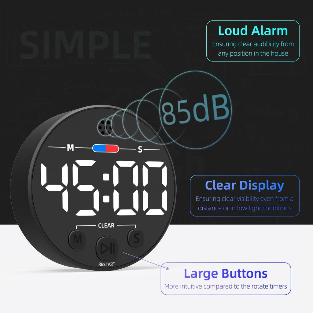 Visual Digital Timer for Kitchen, Classroom, Kids, Productivity, Magnetic Countdown Timer for Egg Cooking, Toddler, Focus, Work, Task, Small Desk Timer with Large LED Display, Super Loud Alarm - White