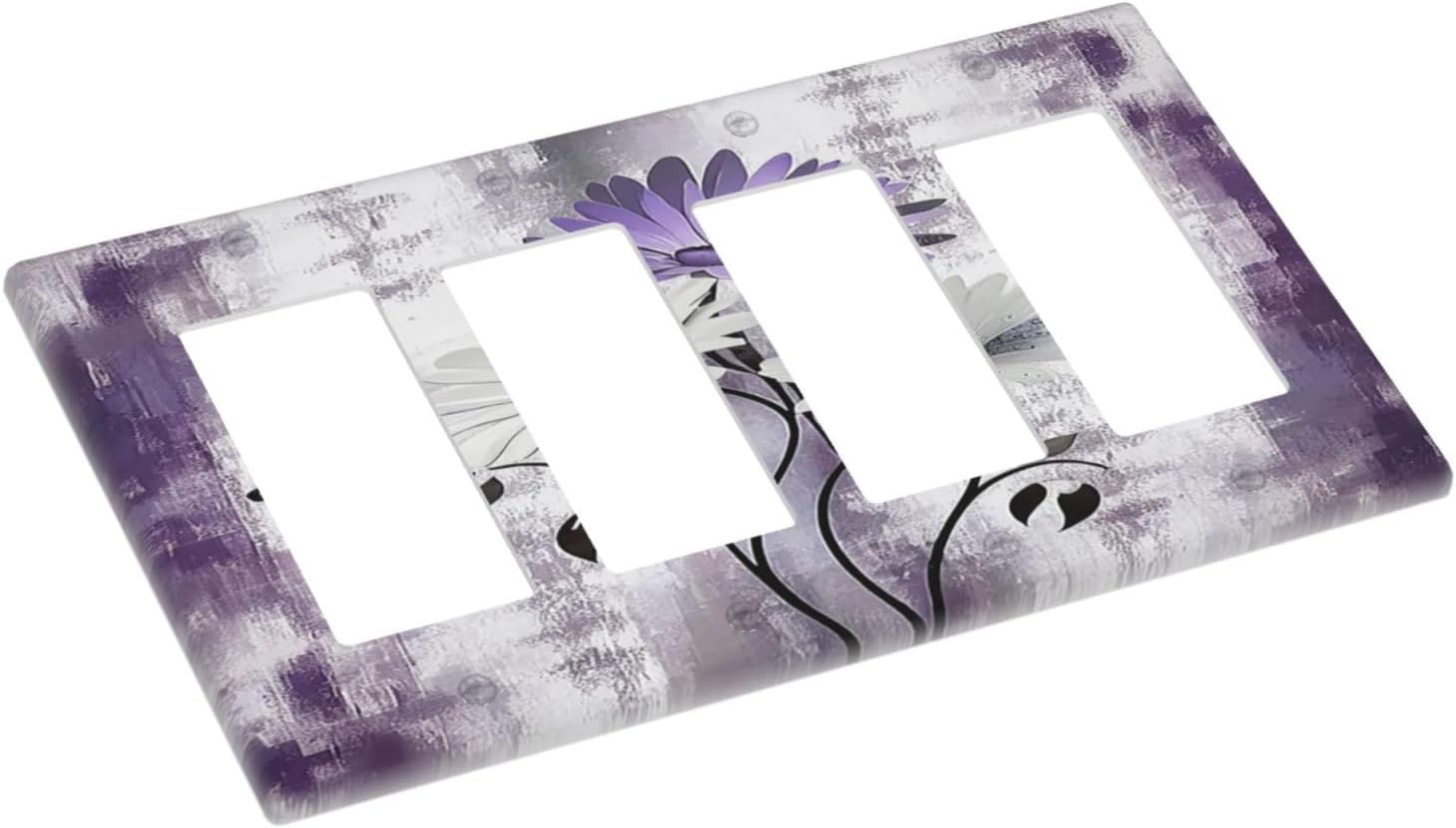 Purple Daisy White Floral Butterfly Flowers 4 Gang Wall Plates Outlet Covers Quad Rocker Light Switch Cover Plate Decorative Switch Plates GFCI Electrical Faceplate for Bathroom Bedroom 4.5 X 8 IN