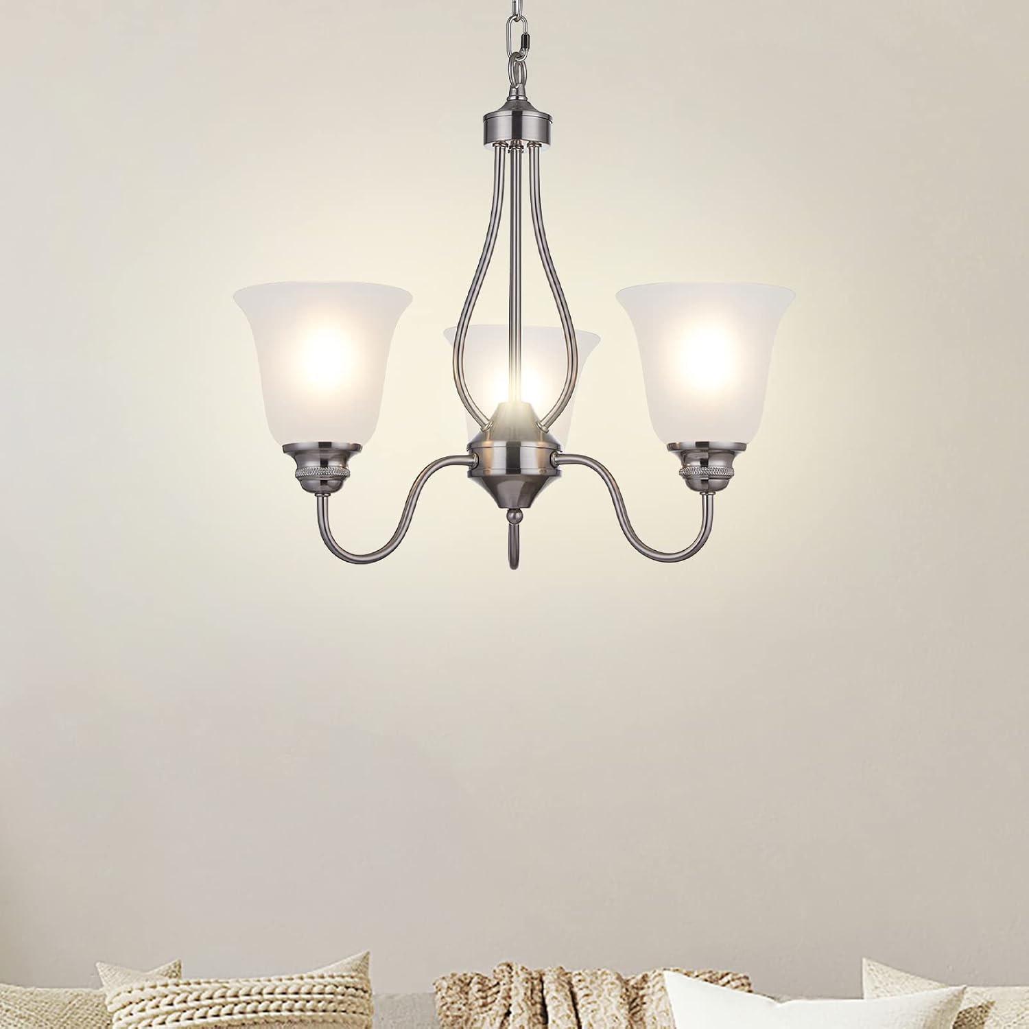 3 Light Chandelier with Brushed Nickel Finish, Classic Style Ceiling Light Fixture with Frosted Glass Shade for Meeting Room Dining Room Living Room Corridor, LED Bulb(not Include)