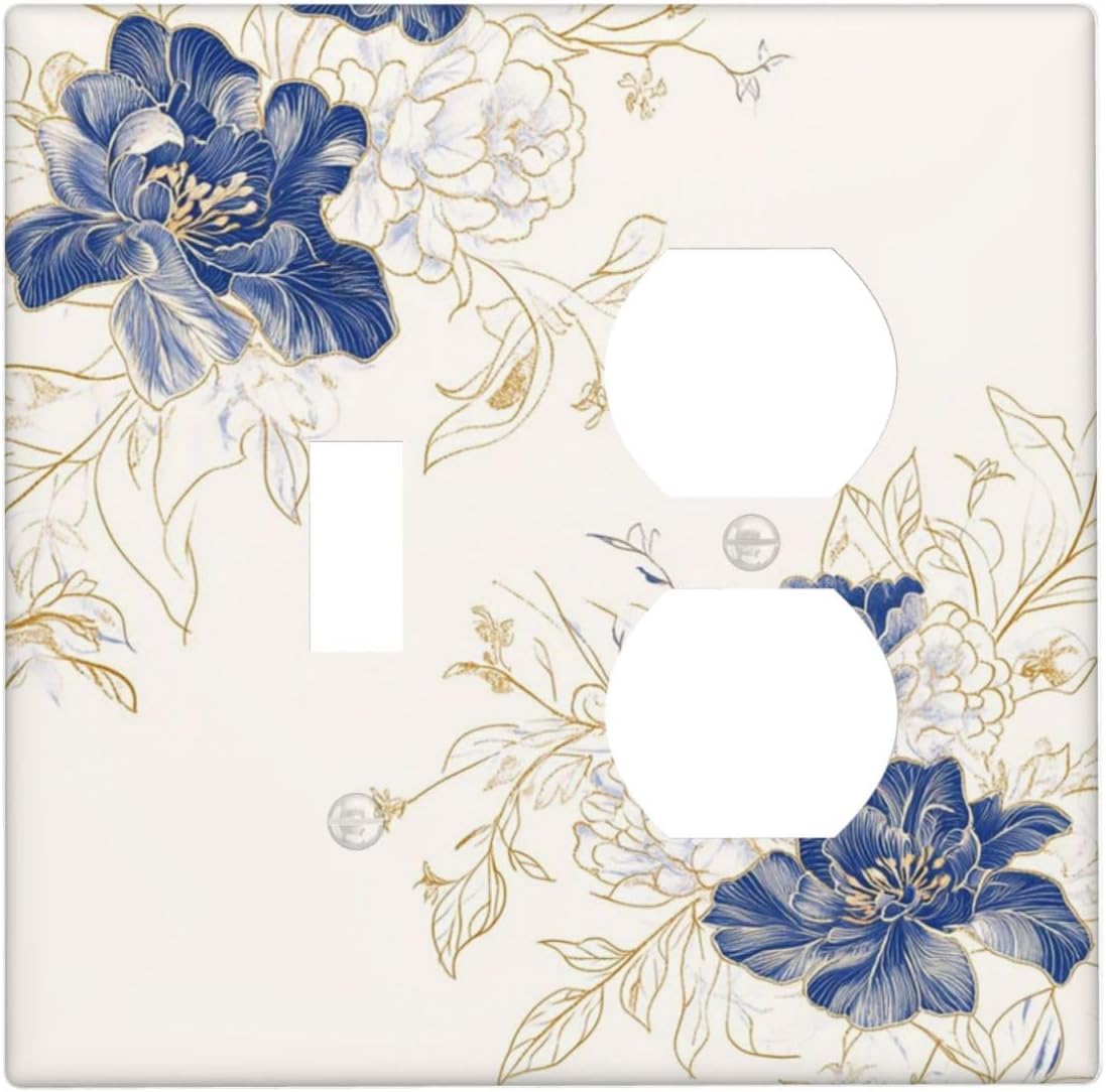 Decorative Outlet Covers Rustic Blue Flower Floral Gold Leaf 2 Gang Light Switch Cover Plate Single Toggle Duplex Wall Plates for Electrical Outlets Switch Plate Covers for Home Decor