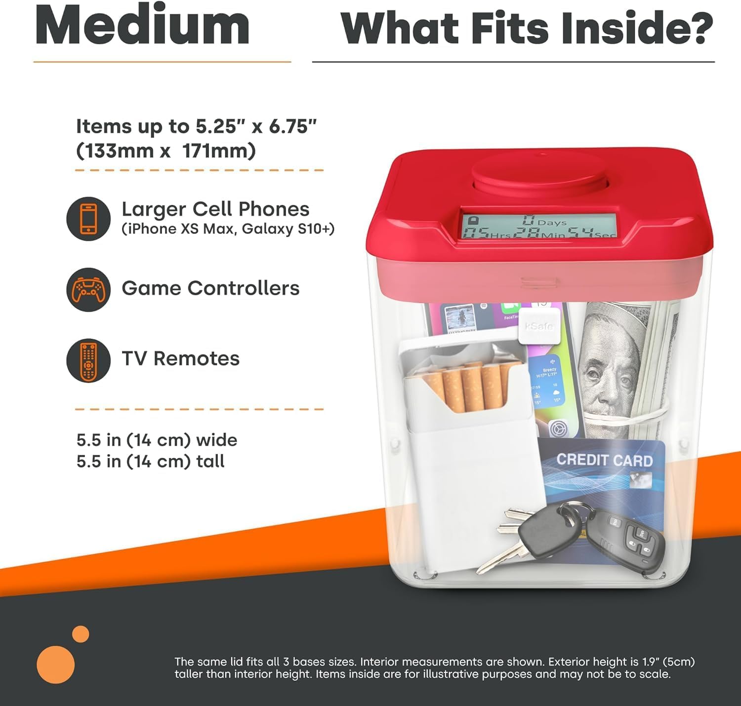 Kitchen Safe Time Locking Container (Medium), Timed Lock Box for Cell Phones, Snacks, and other unwanted temptations (Red Lid + 5.5” Clear Base with Access Port)