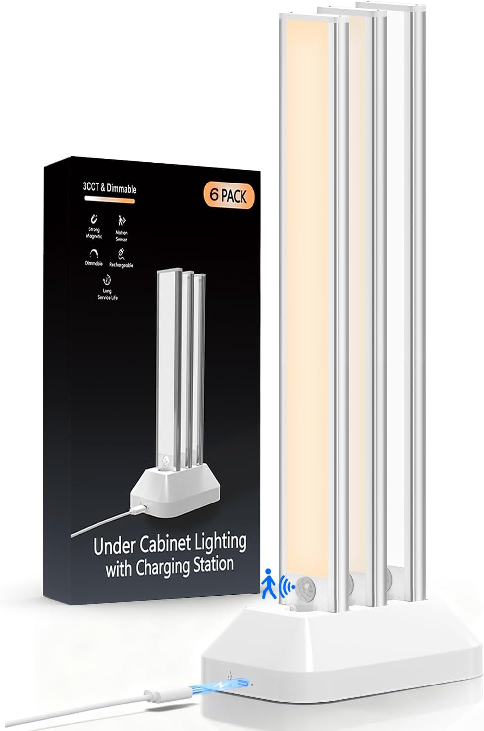14in Under Cabinet Lighting with Charging Station, 3200mAh Rechargeable Motion Sensor Light Indoor, Magnetic Under Cabinet Lights for Kitchen, 3 Color Tempers Dimmable Closet Lights Wireless, 6-Pack