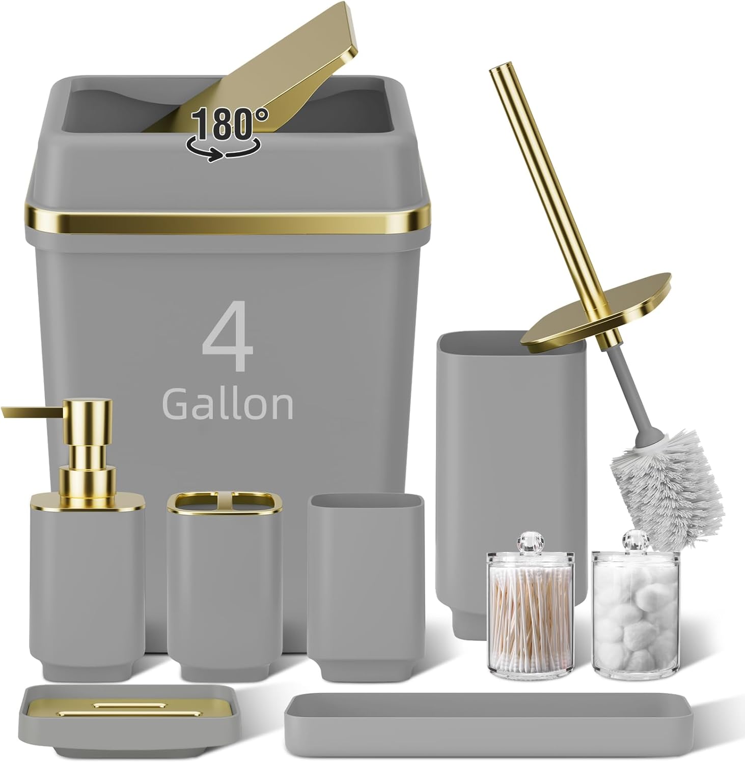 9PCS Bathroom Accessory Set, Grey Bathroom Set with Large-Capacity 4 Gallon Trash Can, Bathroom Accessories Set Complete, Toothbrush Holder, Soap Dispenser, Toilet Brush, Bathroom Decor