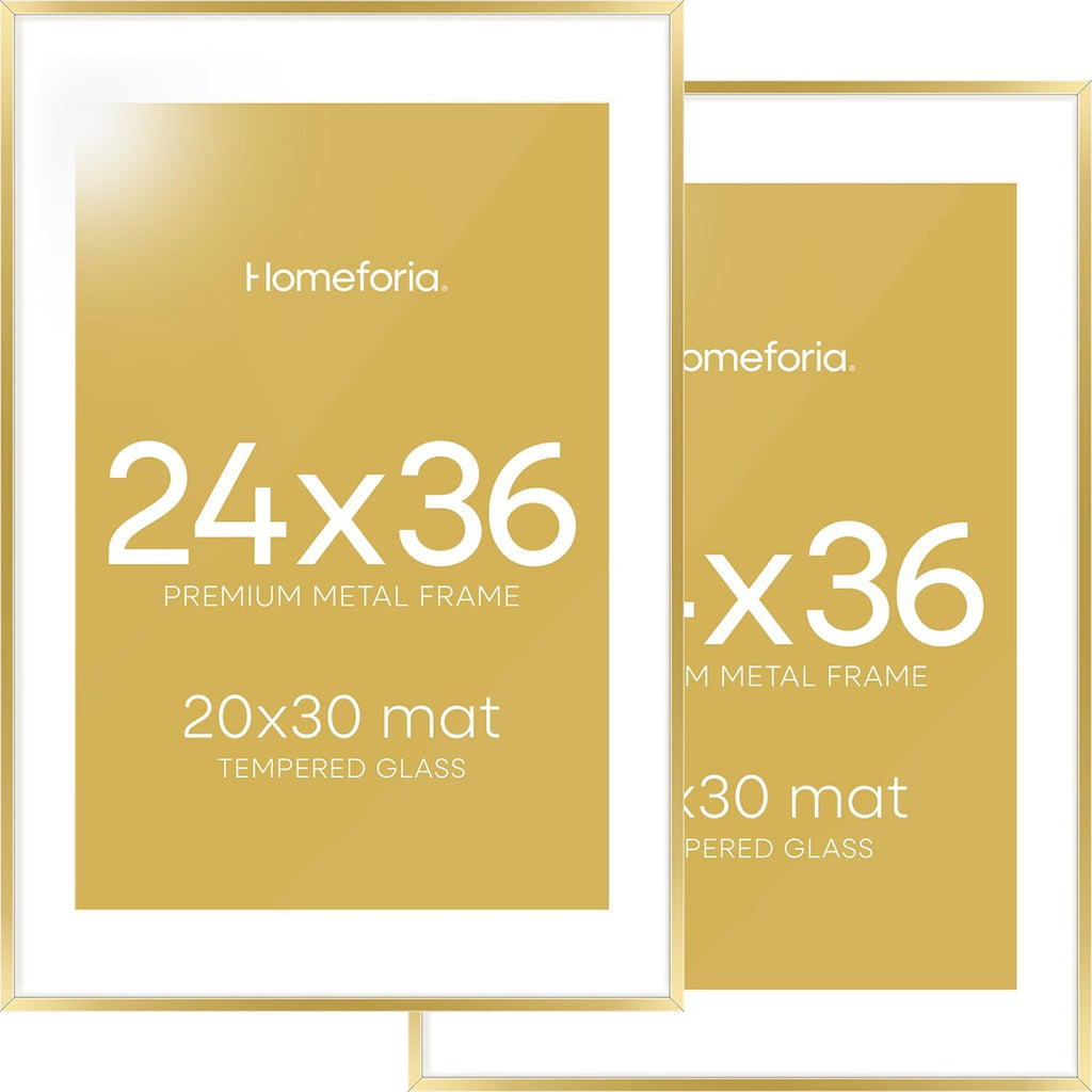 Homeforia 24x36 Gold Picture Frame, High End Metal 24 x 36 Large Poster Frames with Mat 20 by 30 inch Photo, 24x36 Gold Frame Matted to 20x30 for Print, 36x24 Frame, Tempered Glass, Wall Kit, Set of 2