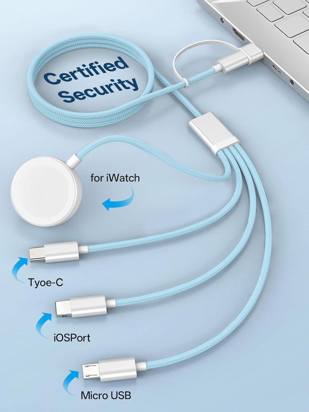 Travel Essentials, 4 in 2 Multi Charging Cable for Apple Watch Charger/iPhone Charger,USB C Cable Cord for iPhone 17-11/iWatch Ultra/10-2/Galaxy S25-S20, Android Phones, MP3-Blue,5FT