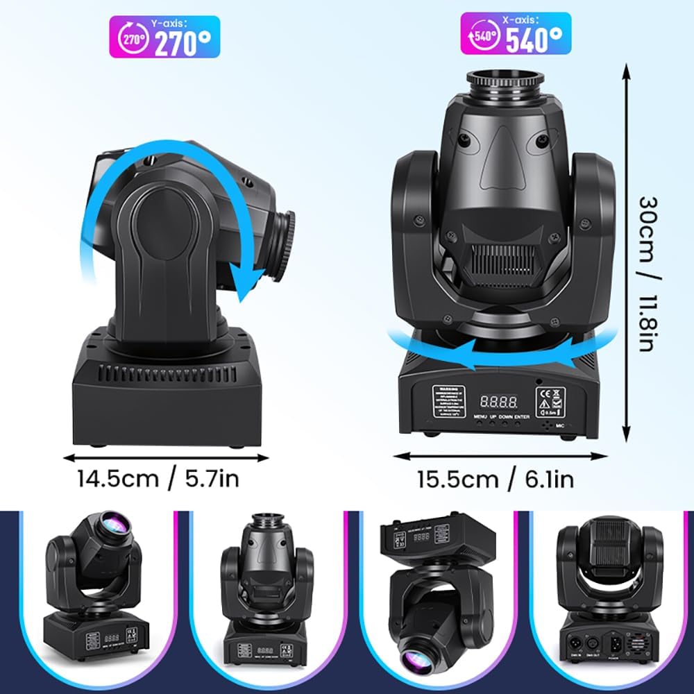 MINGJIE 60W LED Moving Head Stage Lights with DMX512 Control - 8 Gobos & 8 Colors, Sound Activated, 540° Pan & 270° Tilt, Compact DJ Light for Wedding, Party Stage Lighting (1Pack=2PCS)