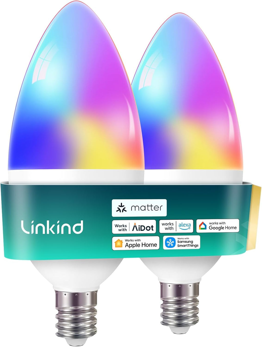 Linkind Matter Smart Bulbs, E12 Led Bulb Works with Alexa/Apple Home/Google Home, Smart Light Bulbs, WiFi Candelabra B11 Bulbs, RGBTW Color Changing Light Bulb, 2.4Ghz WiFi Bulb, 470 LM 2 Pack