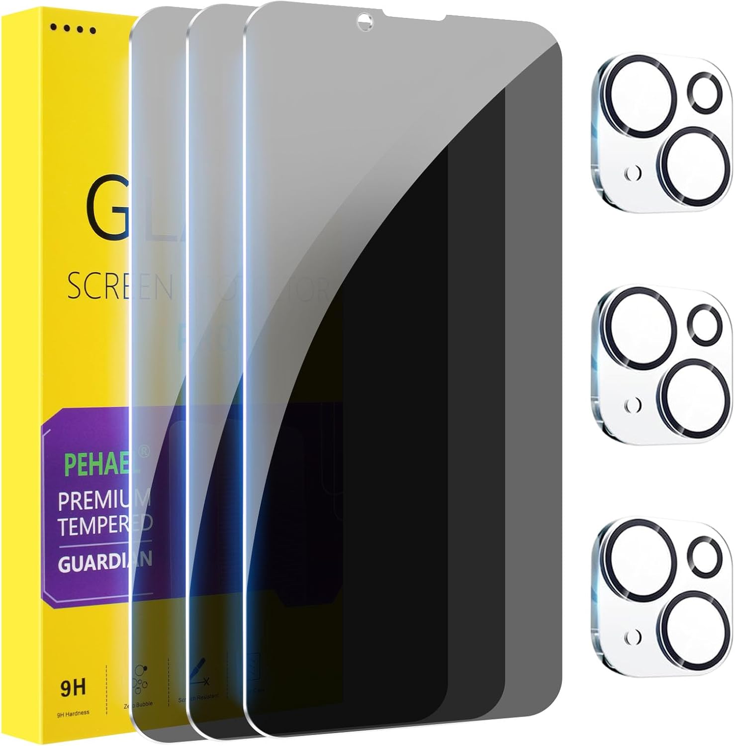 PEHAEL 3+3Pack for iPhone 13 Privacy Screen Protector with Camera Lens Protector Full Coverage Anti-Spy Tempered Glass Film 9H Hardness Easy Installation Bubble Free [6.1 inch]