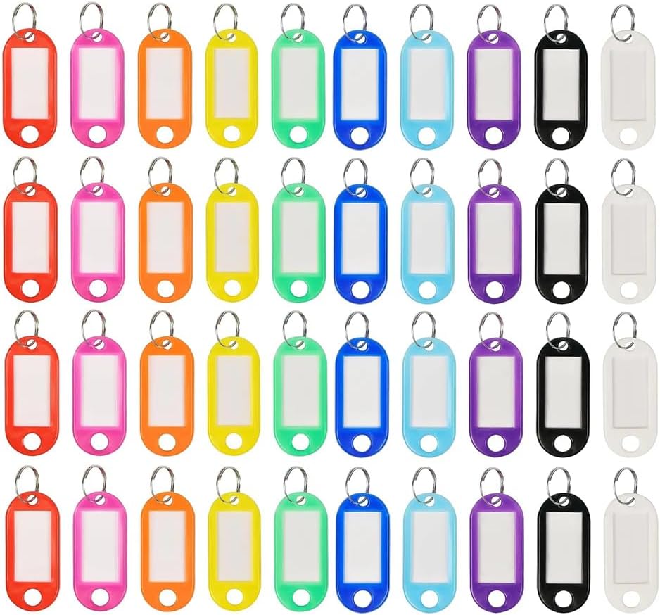 400 PCS Plastic Key Labels Tags, 10 Colors Key Ring Tags with Split Key Ring, Blank Name Tag, Clear Label Window Protective Films, Key ID Tags for Luggage.
