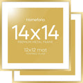 Homeforia 14x14 Picture Frame Gold, High End Metal 14 x 14 Square Poster Frame with Mat 12 x 12 Photo, 14x14 Frame Matted to 12x12 Print, 14by14 Gold Hanging Frames, Tempered Glass, Wall Kit, Set of 2