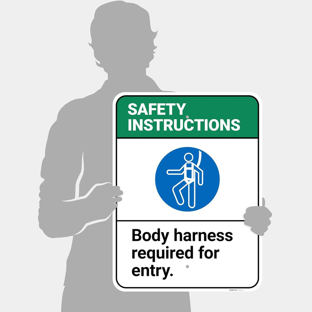 Safety Instructions Body Harness Required for Entry Sign, 18x24 Inches, Rust Free .063 Aluminum, Fade Resistant, Made in USA by Sigo Signs
