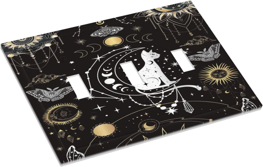 White Cat Tarot Moon Phases Moth Celestial Gothic Decorative Switch Plates 3 Gang Wall Plate Triple Toggle Light Switch Cover Faceplate Electrical Wall Panels for Kids Room Bedroom Decor