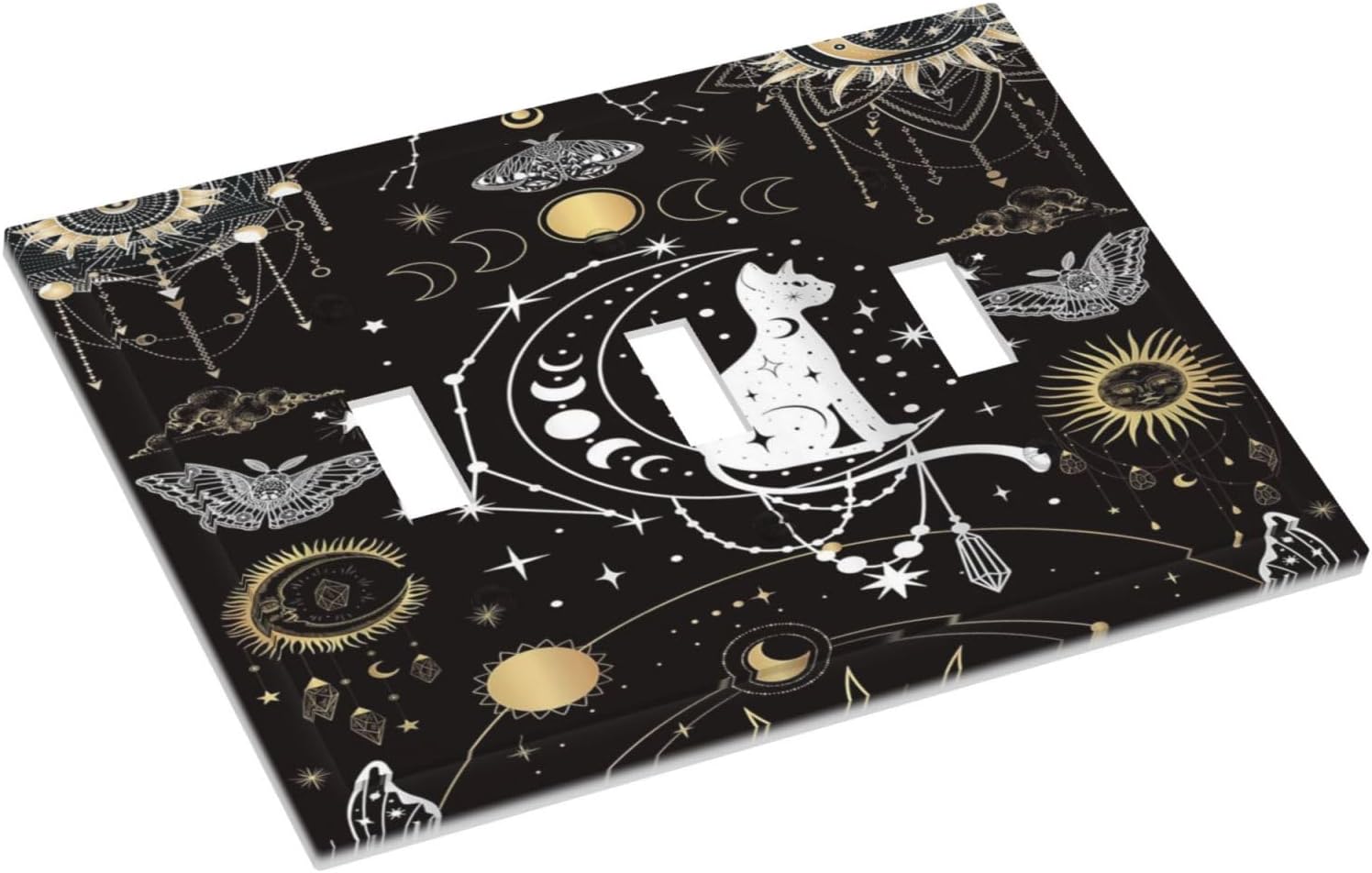 White Cat Tarot Moon Phases Moth Celestial Gothic Decorative Switch Plates 3 Gang Wall Plate Triple Toggle Light Switch Cover Faceplate Electrical Wall Panels for Kids Room Bedroom Decor