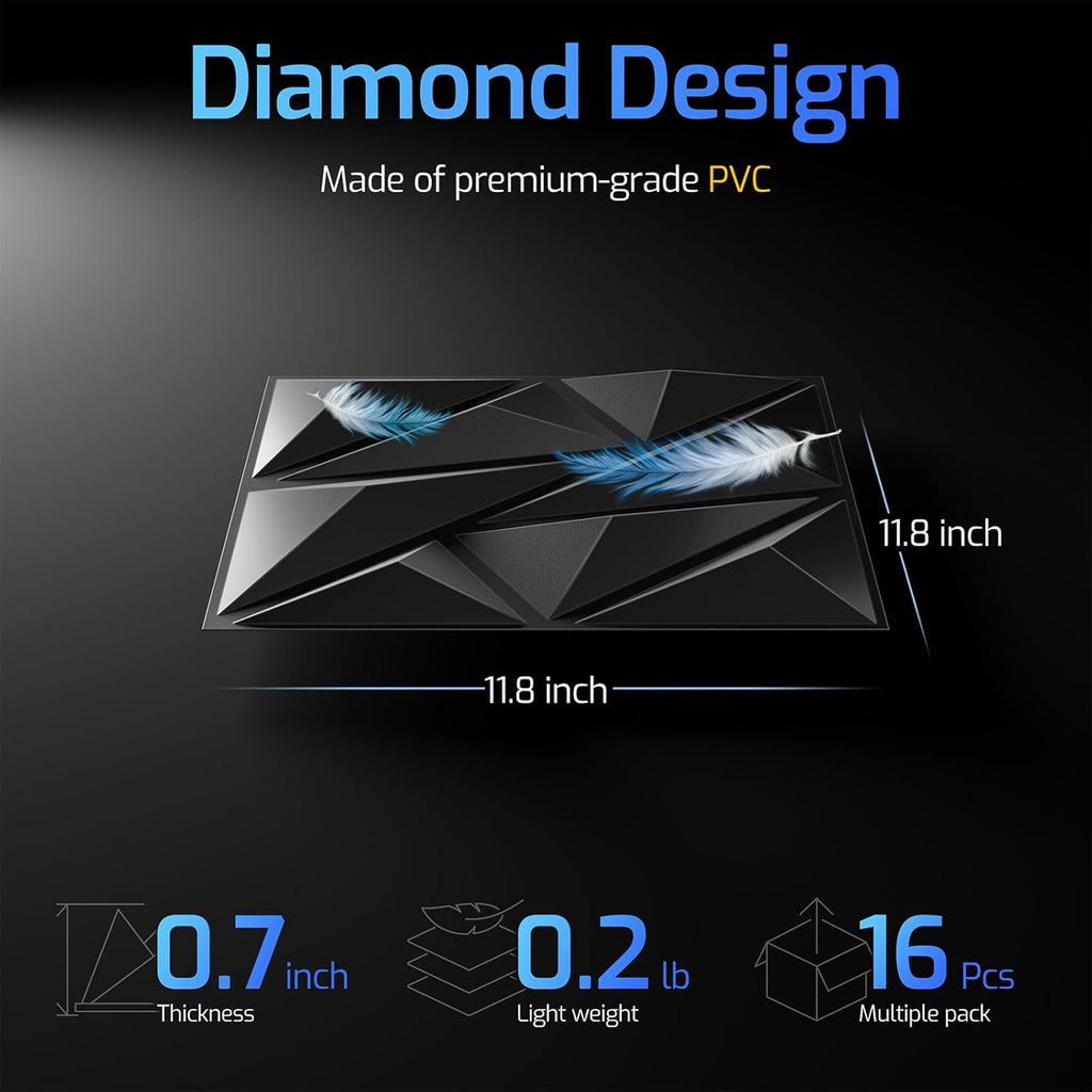 16 Pack 3D Wall Panels for Interior Wall Decor, 11.8'' x 11.8'' Decorative Wall Panels, Accent Wall Panels, 3D Diamond Design Wall Decor for Living Room, Bedroom, Gaming Room, Black