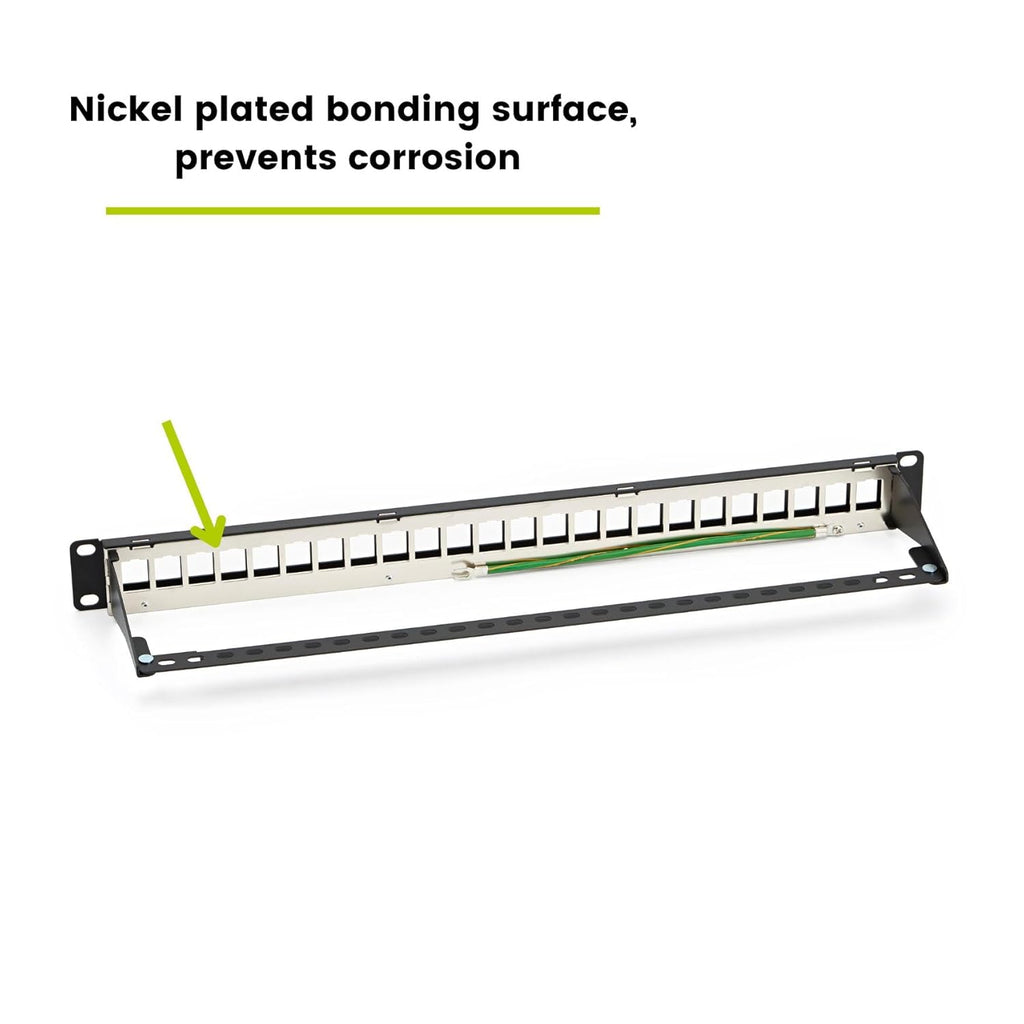 trueCABLE Shielded 24 Port 19” Toolless Modular Patch Panel, Blank, 1U Rack Mount, with Cable Management Bar and Ground Wire, High Density, Black