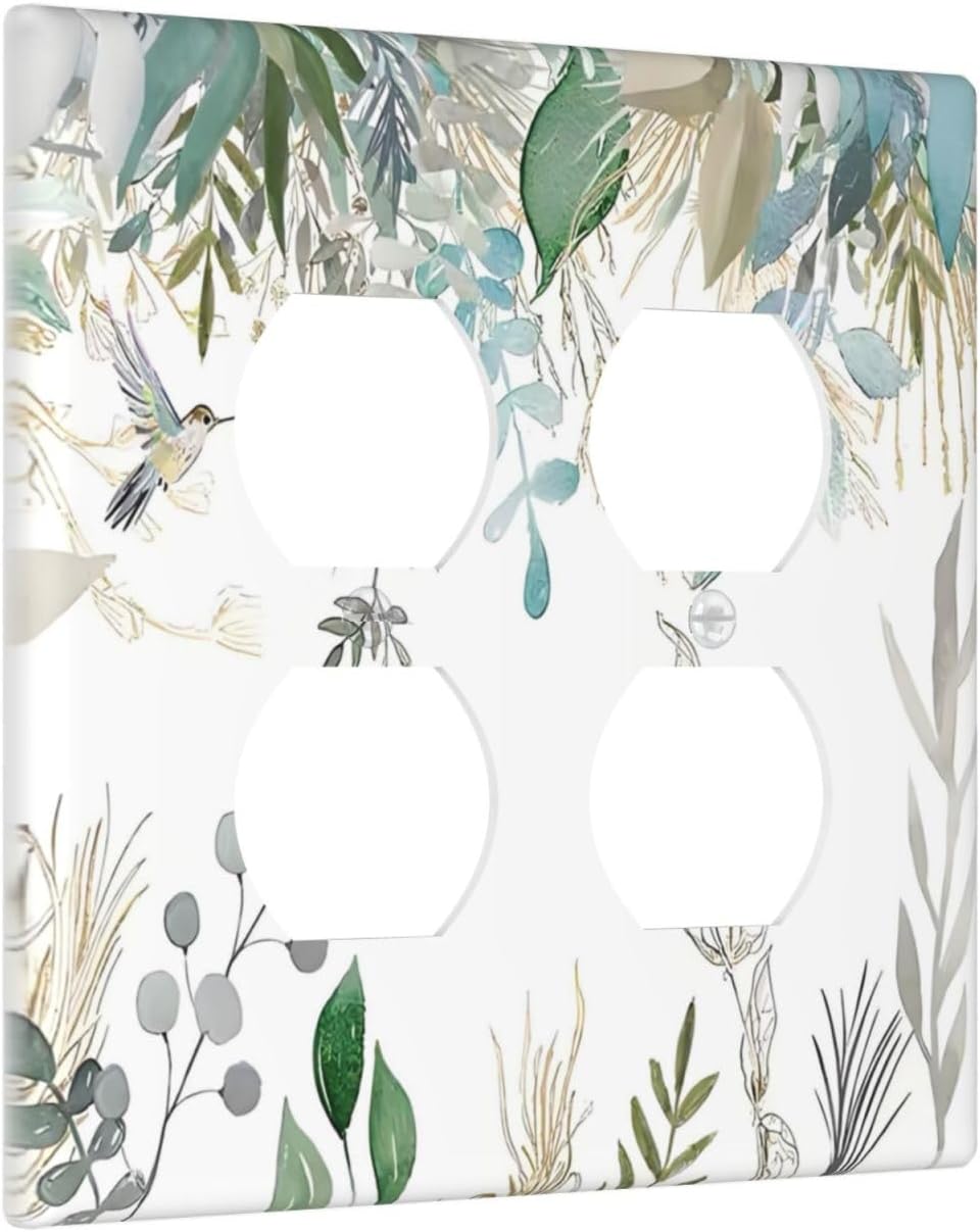Green Tropical Palm Leaves Flower Plants Hummingbird Outlet Covers 2 Gang Double Duplex Decorative Light Switch Covers Electrical Wallplates Socket Faceplate for Bed Room Living Room Decor