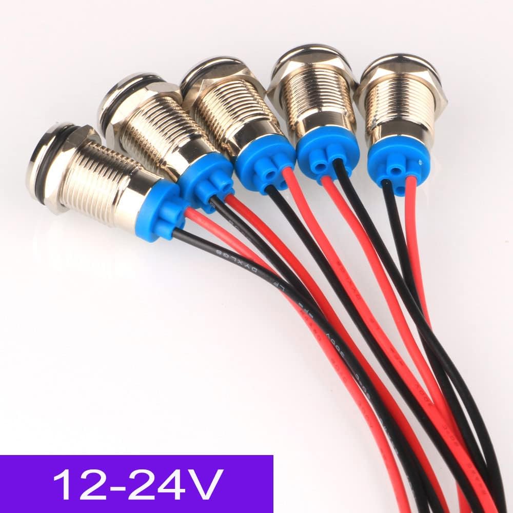 5pcs 10mm Energy-saving LED Metal Indicator Light AC/DC 12-24V Waterproof Signal Lamp with Wire(Blue)