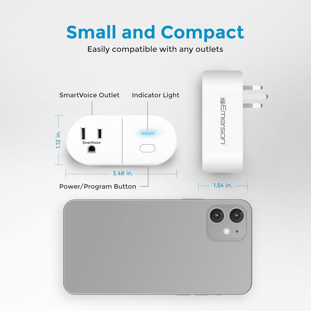 Emerson SmartVoice ES513 Wall Plug, Offline 30+ Voice Control Commands - No APP, No WiFi, No Setup, Smart Outlet Extender for Home and Office, Sleep & Wake Timer, ETL Listed