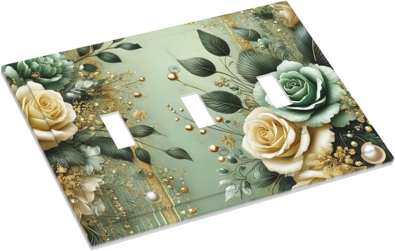 Decorative Light Switch Cover Plate Rustic Green Floral Leaves Teal Flowers Gold Stripe 3 Gang Wall Plate Oversized Triple Toggle Switch Cover Plate Jumbo Faceplate