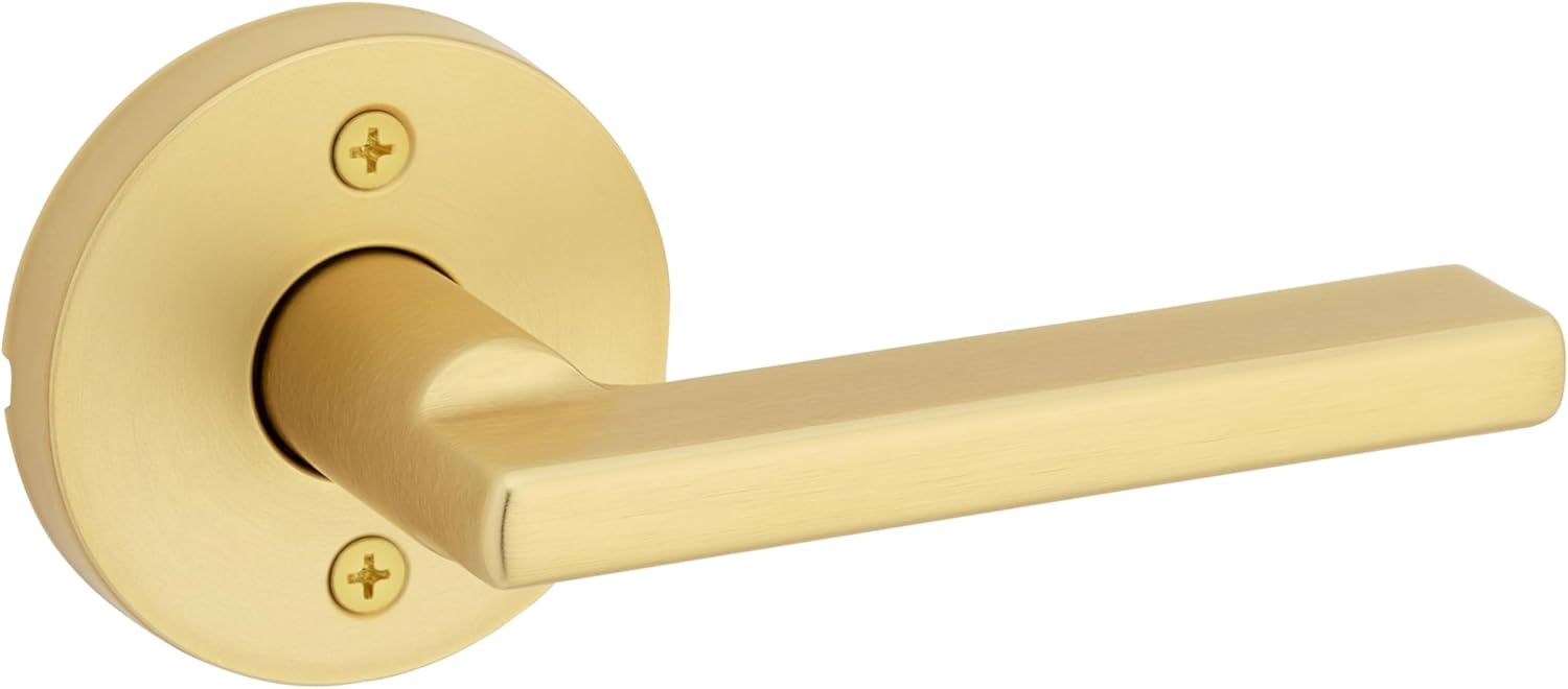 Kwikset Halifax Dummy Door Handle, Single Sided Lever for Closets, French Double Doors, and Pantry, Satin Brass Non-Turning Reversible Interior Push/Pull Lever, with Microban Protection