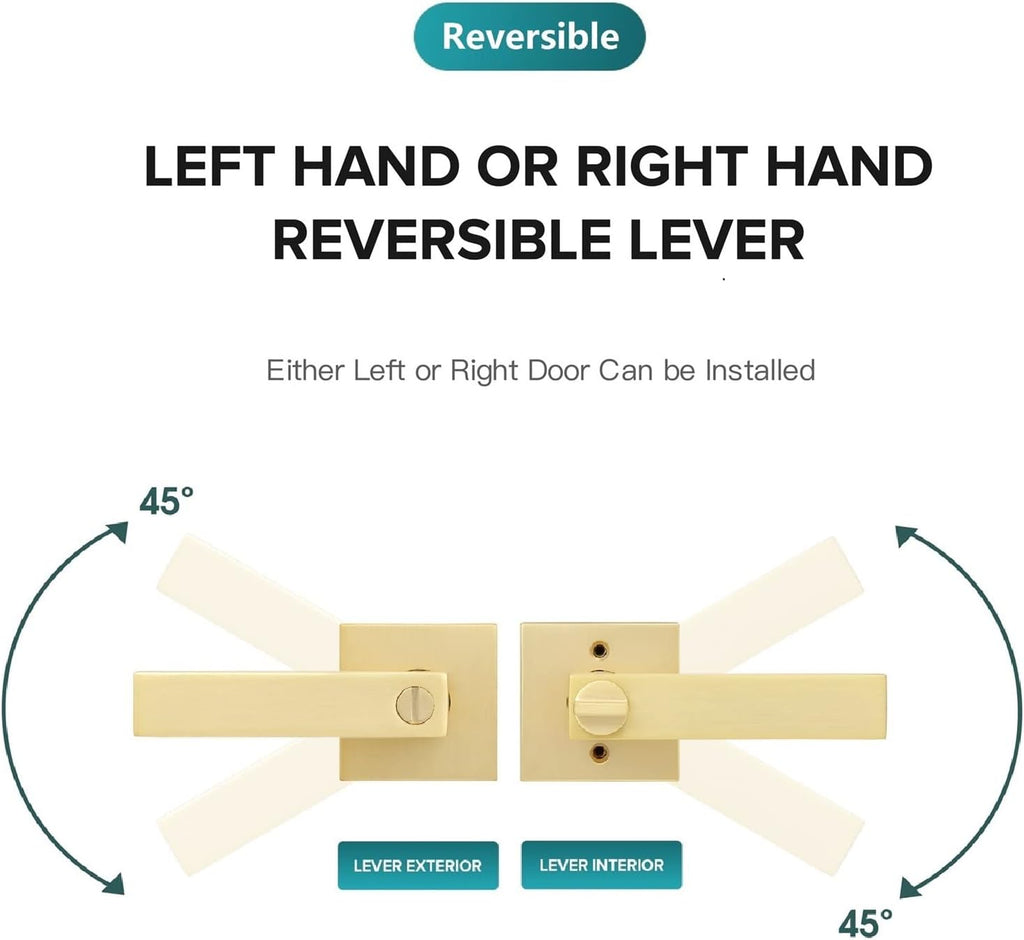 5 Pack Privacy Gold Door Knobs Square Heavy Door Levers for Bed/Bath Room Interior Door Lock Keyless Door Handle for Left and Right Reversible