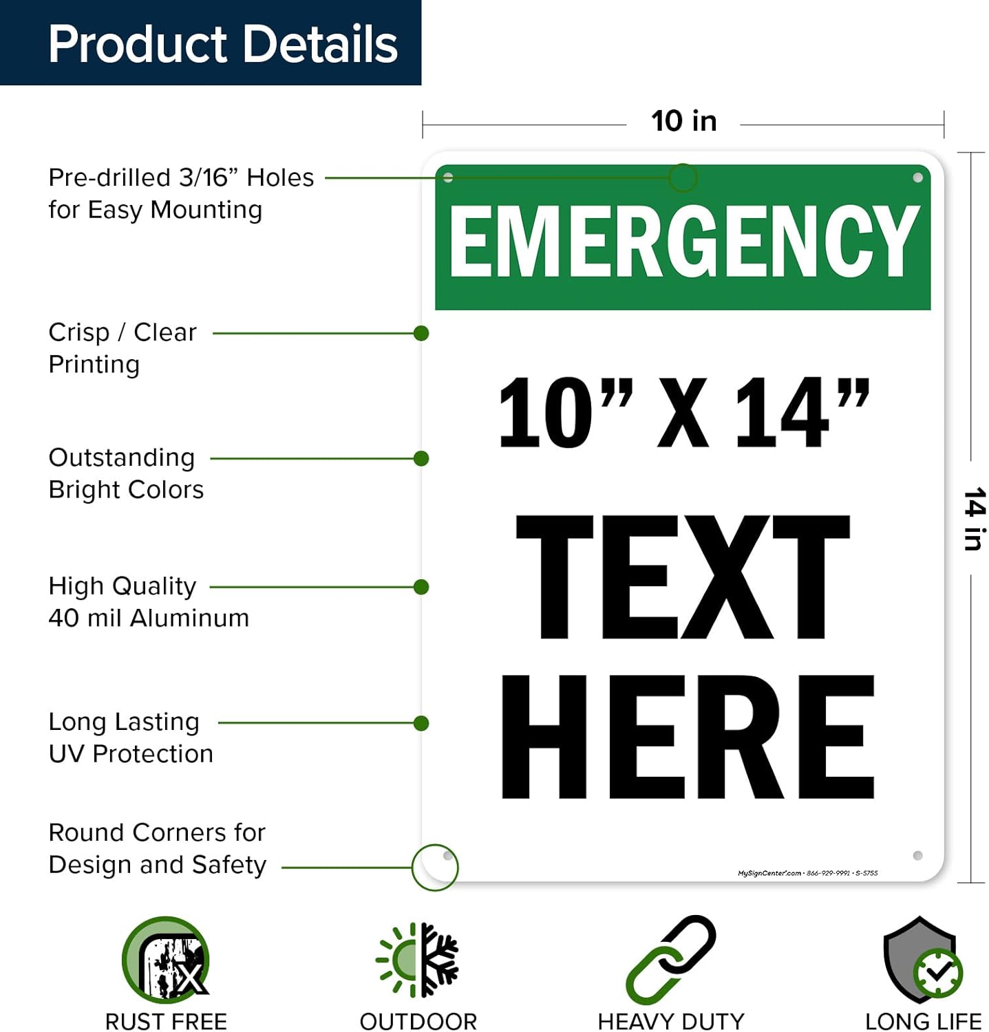 Custom Emergency Sign, OSHA Sign, 10x14 Inches, Rust Free .040 Aluminum, Fade Resistant, Made in USA by My Sign Center