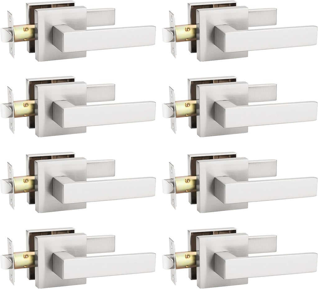 KNOBWELL 8 Pack Passage Door Knob Interior, Brushed Nickel Hallway Closet Door Handle Commercial Square Door Knob with Lever(No Lock)
