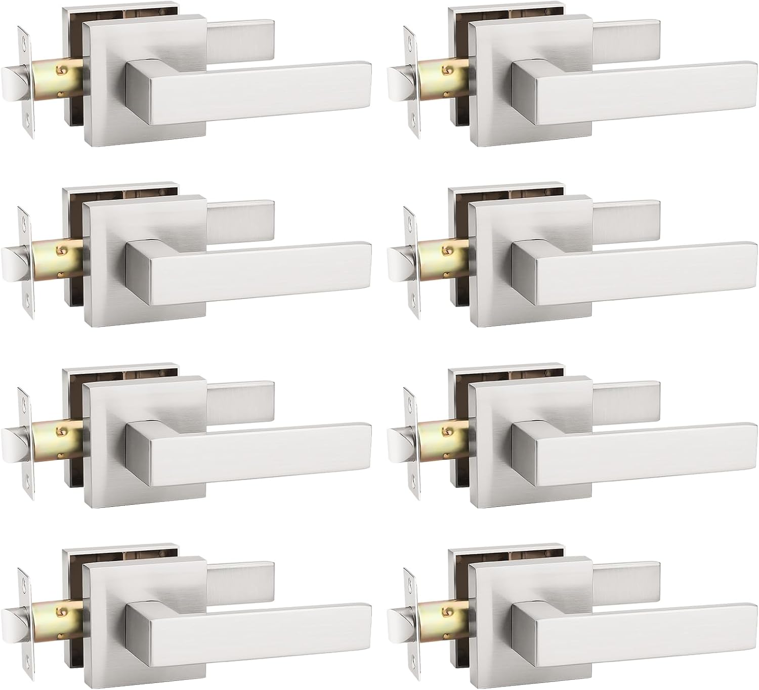 KNOBWELL 8 Pack Passage Door Knob Interior, Brushed Nickel Hallway Closet Door Handle Commercial Square Door Knob with Lever(No Lock)