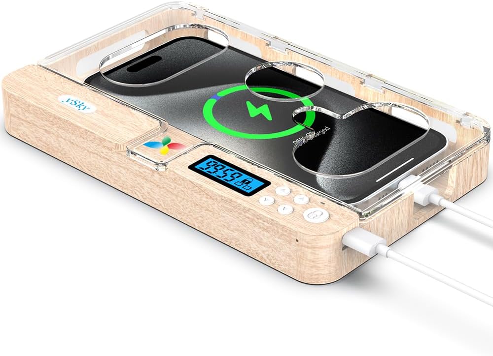 ySky Portable Timed Phone Lock Box for iPhone and Android Phones, Self-Control Timer Phone Locker Box to Help Kids,Students, Adults Focus Back(Woodgrain)