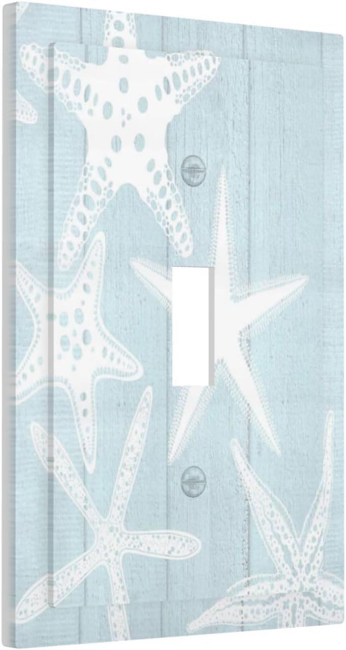 Beach Starfish Vintage Wood Rustic Country Ocean Decorative Light Switch Cover 1 Gang Single Toggle Device Electrical Faceplate Switchplates Decorator Outlet Wall Plate for Farmhouse Kids Room Decor