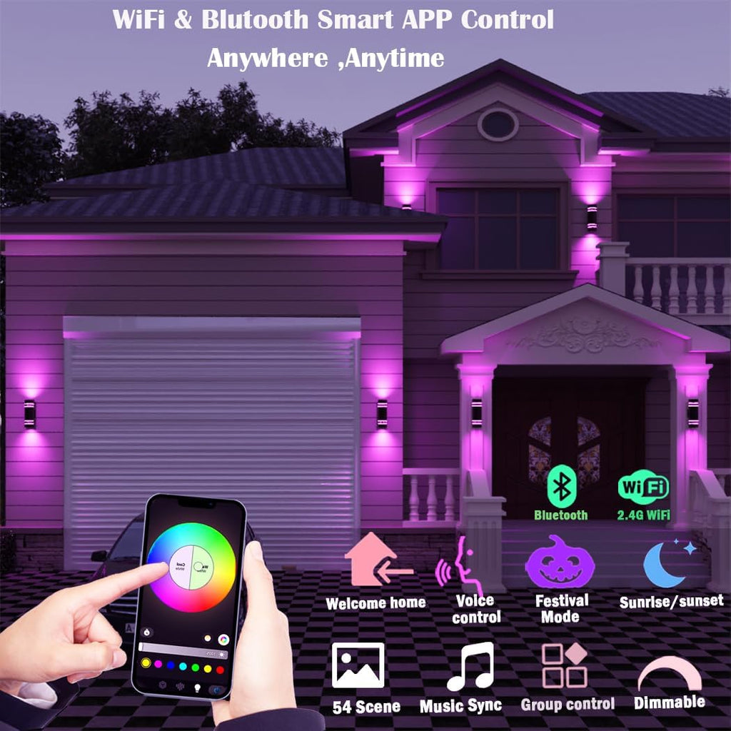 Smart Outdoor Wall Lights Color Changing 2 Pack, RGB+2700K-6500K Modern Exterior Lighting Fixtures Cylinder Outside Wall Sconce with Glass, WiFi APP Control Up Down Outdoor Porch Lights