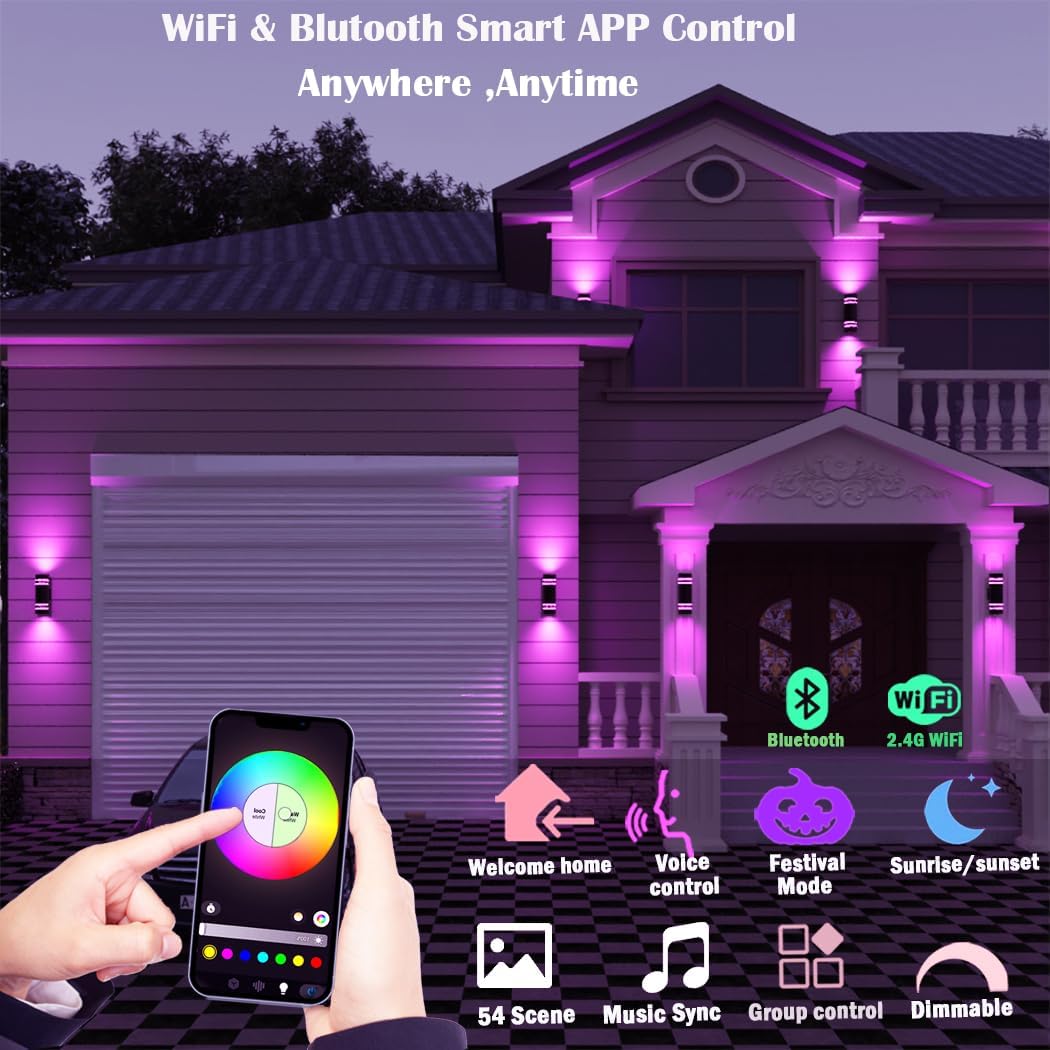 Smart Outdoor Wall Lights Color Changing 2 Pack, RGB+2700K-6500K Modern Exterior Lighting Fixtures Cylinder Outside Wall Sconce with Glass, WiFi APP Control Up Down Outdoor Porch Lights