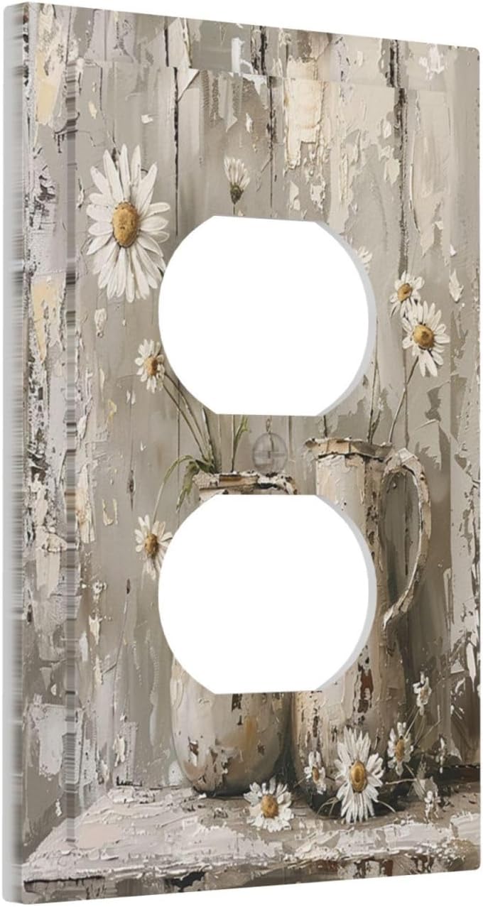 Outlet Covers Vintage Rustic Floral White Daisy Flower Oil Painting Style 1 Gang Duplex Wall Plate Decorative Switch Plates Electrical Receptacle Faceplate Light Switch Cover for Home