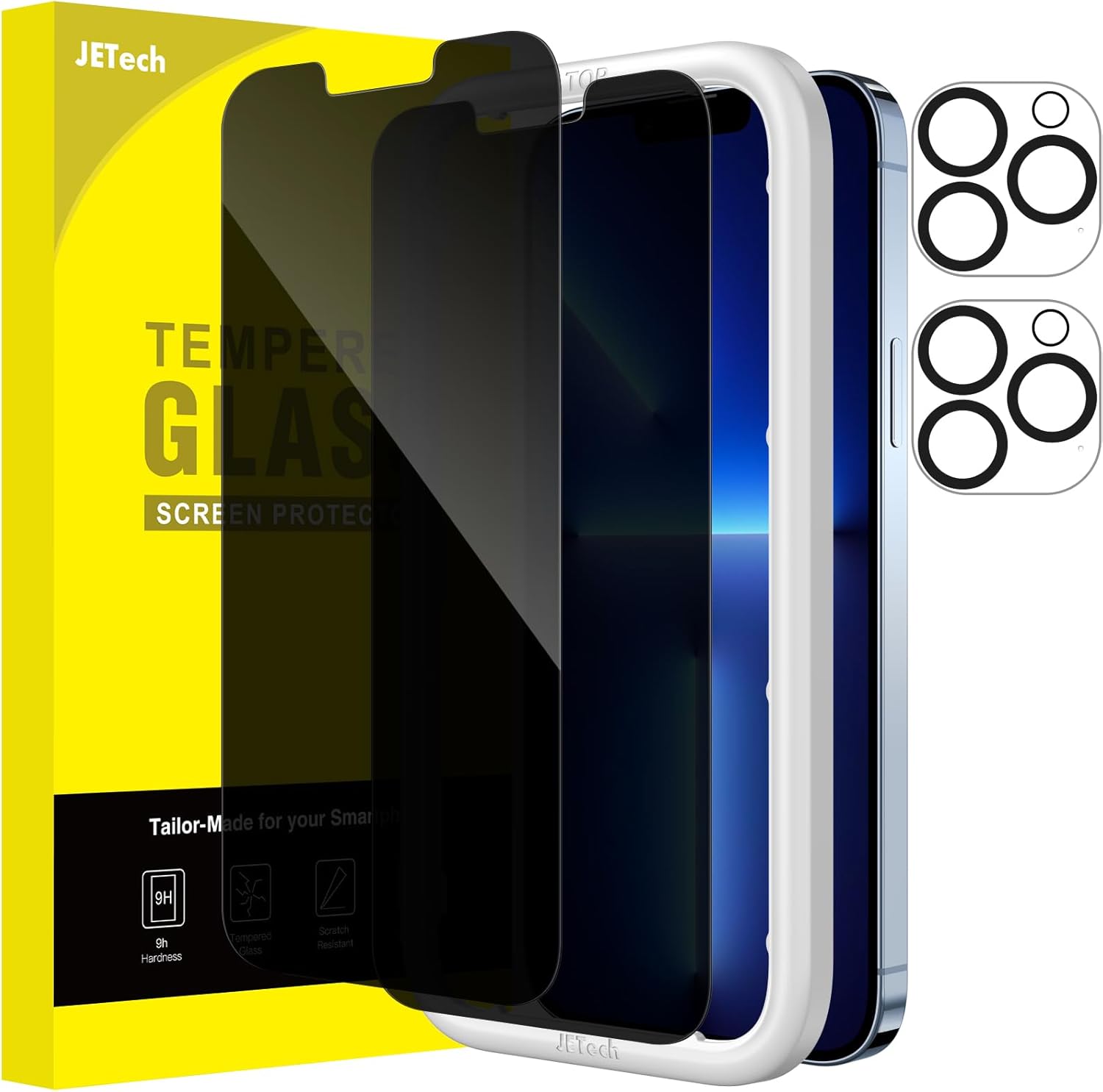 JETech Privacy Screen Protector for iPhone 13 Pro Max 6.7-Inch with Camera Lens Protector, Anti-Spy Tempered Glass Film, Easy Installation Tool, 2-Pack Each