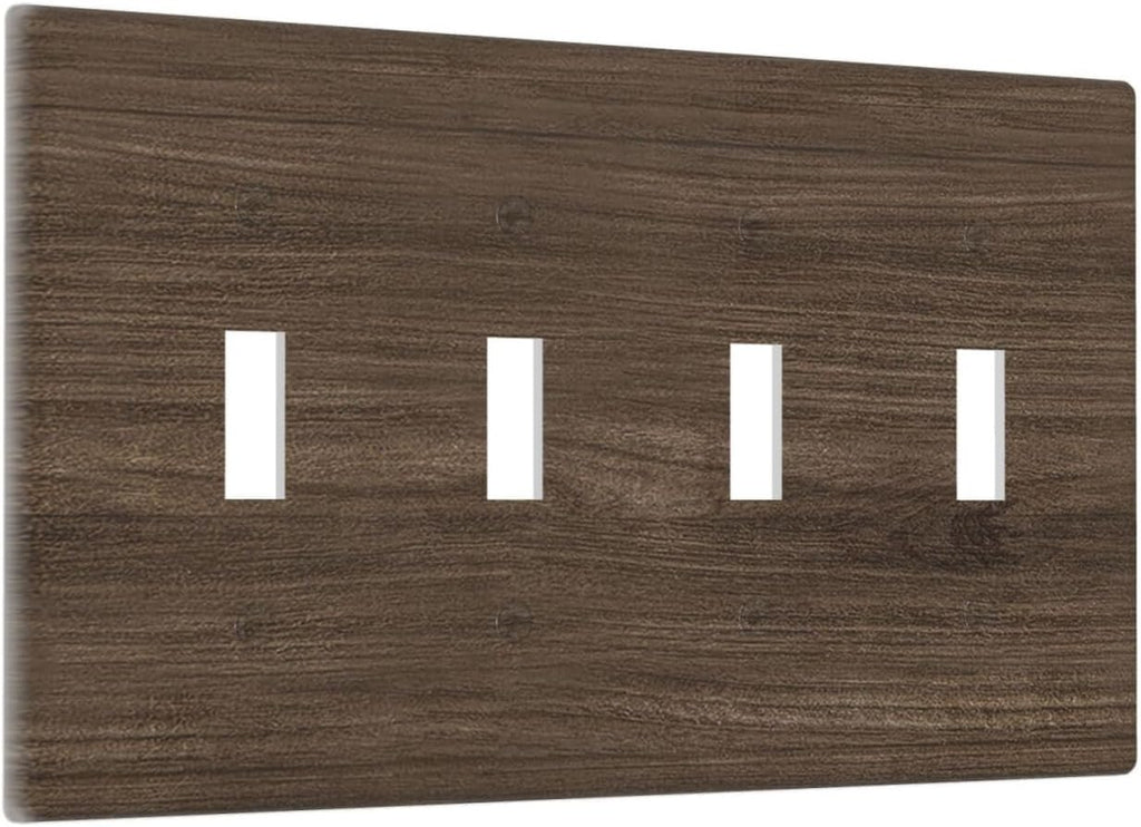 Light Switch Cover Plate Rustic Walnut Wood Grain 4 Gang Quad Toggle Wall Plate Electrical Outlet Cover Decorative Switch Plate Covers for Farmhouse Cabin Decor